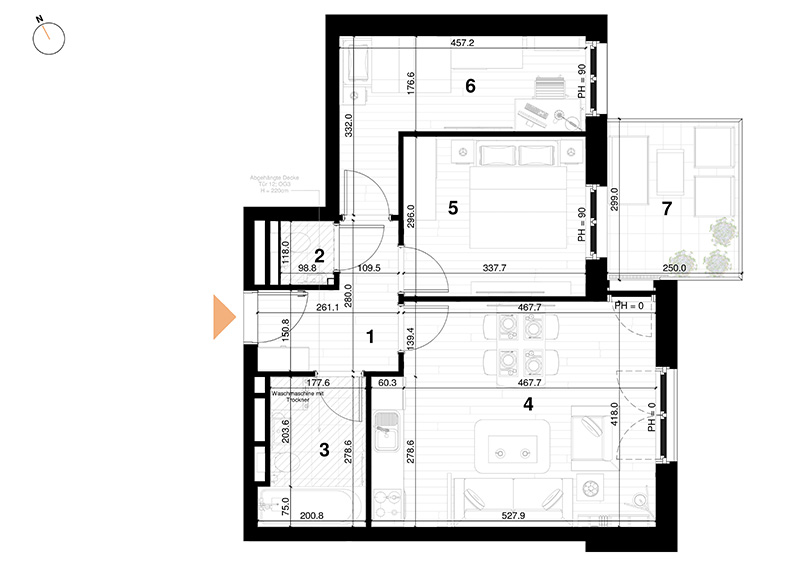 Tür 1 - 3 Zimmer Wohnung